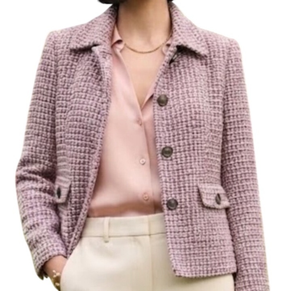 Talbots Tweed Jacket Womens 8 Pre-Owned Blazer Pink Purple Wool Blend Full Lined